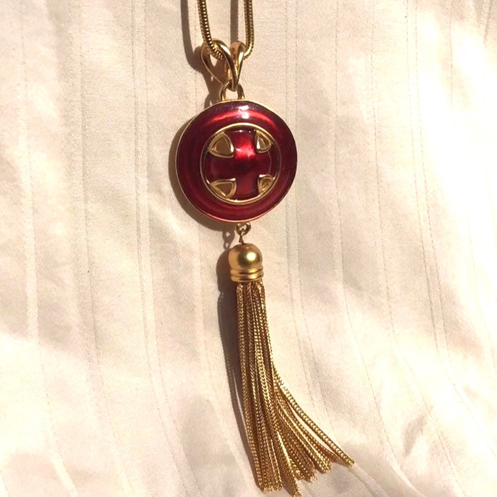 ANNE KLEIN Signed Red Enamel Maltese CROSS & Tassel 5” Pendant Vintage Runway